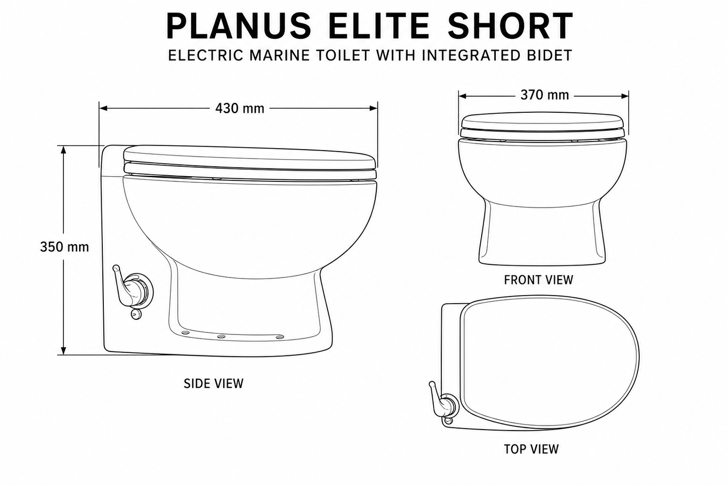 Planus Elite Short Electric Marine Toilet with Integrated Bidet – 12V