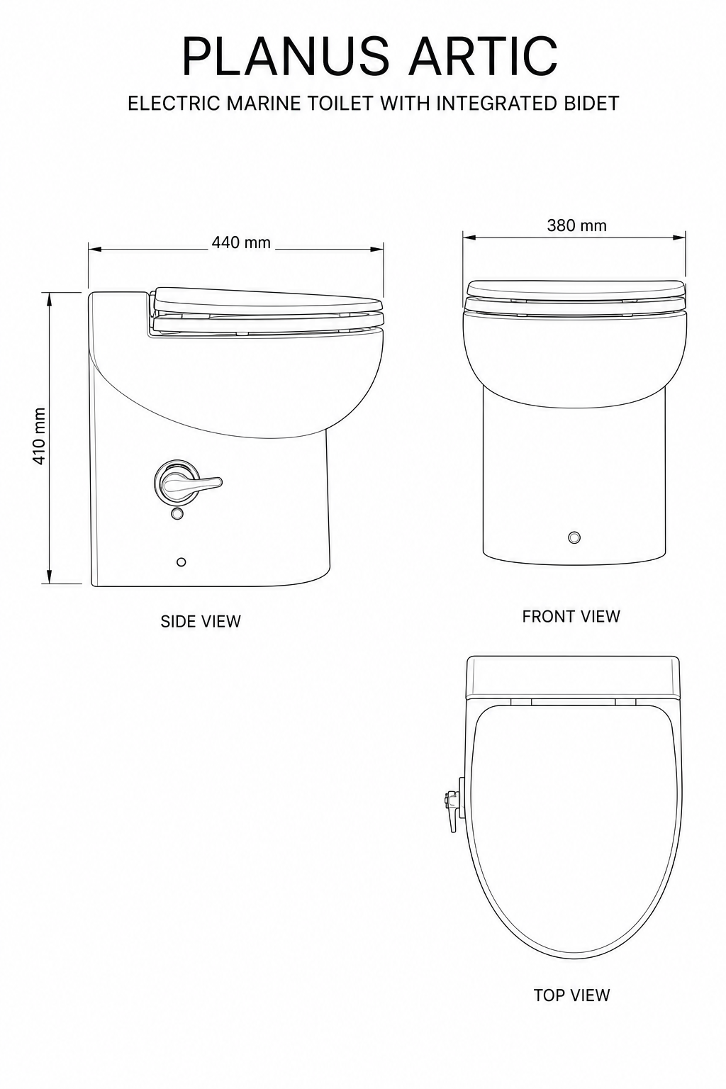 Planus Artic Electric Marine Toilet with Integrated Bidet – 24V