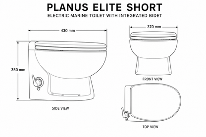 Planus Elite Short Electric Marine Toilet with Integrated Bidet – 12V