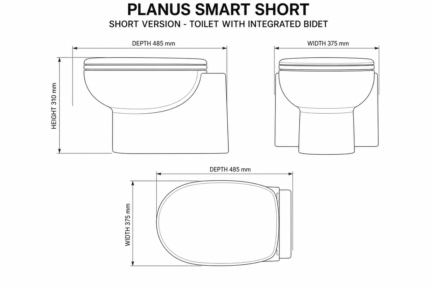 Planus Smart Short Electric Marine Toilet with Integrated Bidet 24v