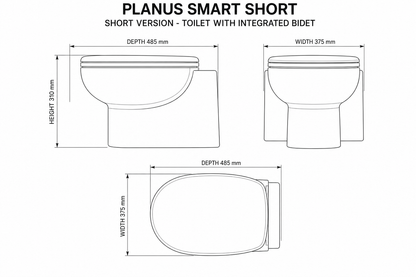 Planus Smart Short Electric Marine Toilet with Integrated Bidet 24v