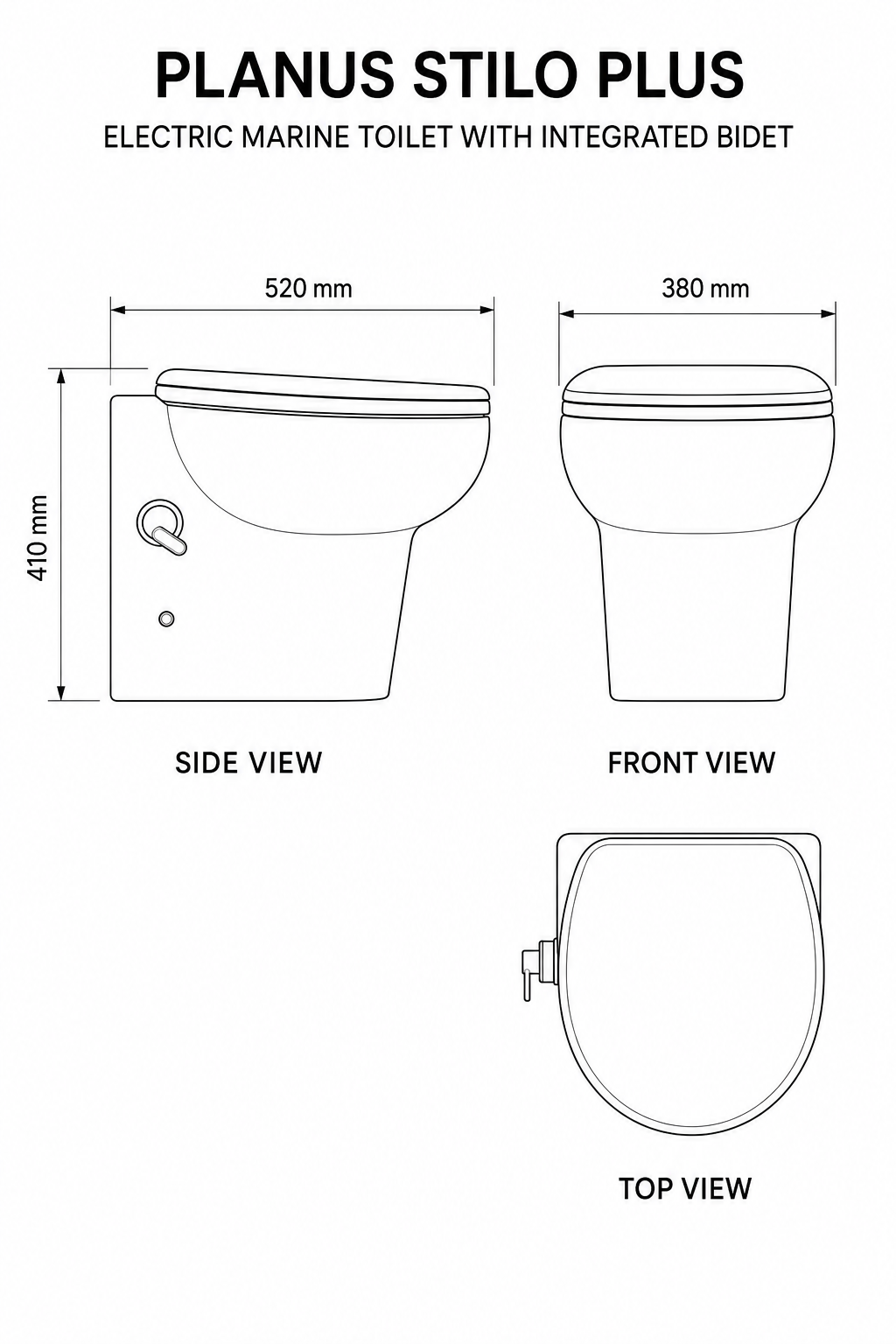 Planus Stilo Plus Electric Marine Toilet with Integrated Bidet – 12v