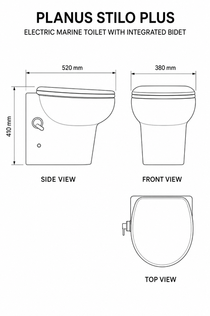 Planus Stilo Plus Electric Marine Toilet with Integrated Bidet – 12v